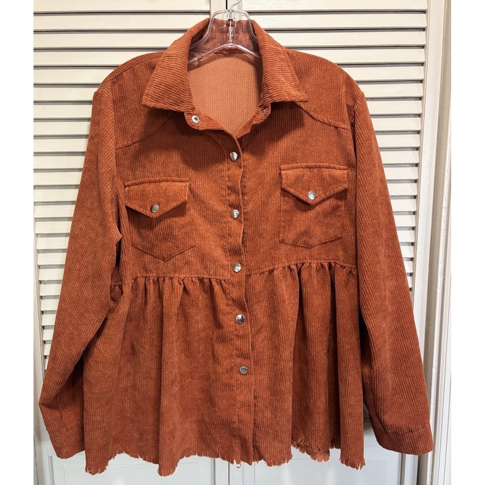 Corduroy Orange Snap Front Babydoll Jacket Size XL Pockets Collar Ruffle